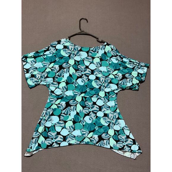 AGB Women’s V-Neck Floral Top Blue Black Print Asymmetric 1X (no size tag) - Picture 5 of 5